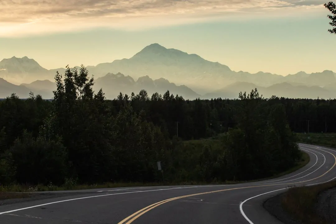 Mt. Denali at sunset with trees and curvy road in the foreground