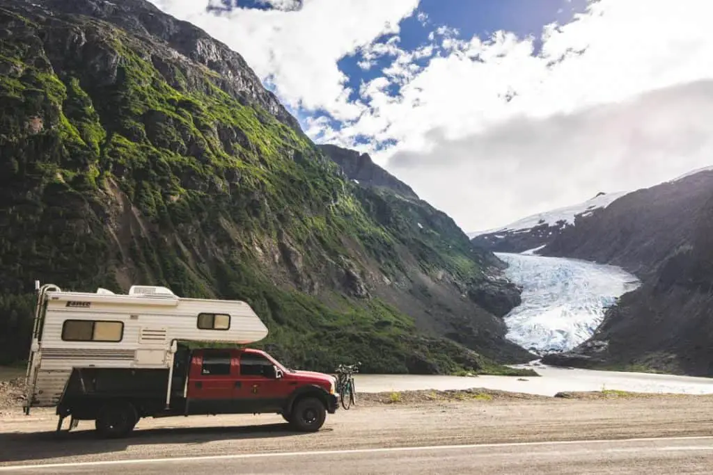 Truck in front of glacier in Hyder AK