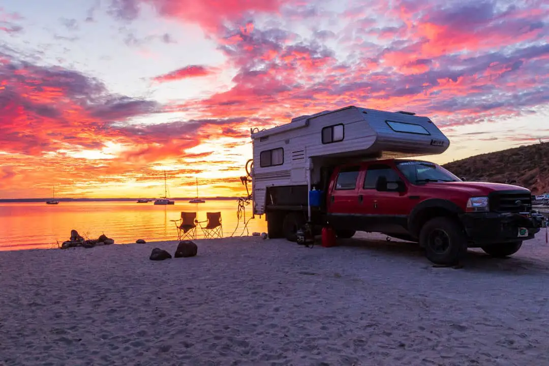 Boondocking on a beach at sunset